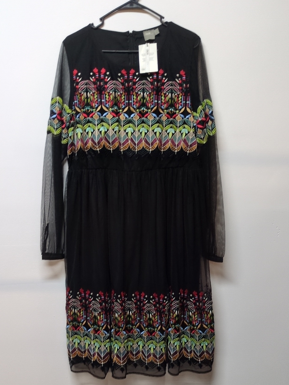 ASOS Black Multicolor Embroidered Mesh Long Sleeve Dress Size 16